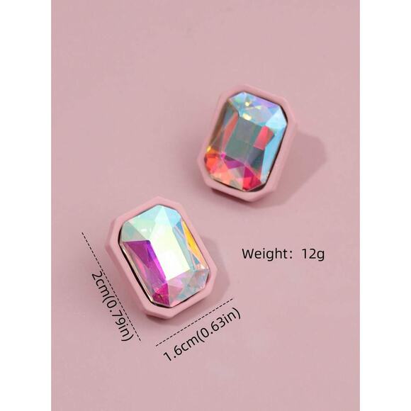 New Pink Rhinestone Iridescent Emerald Cut Scissor Stud Earrings Jewel Rectangle - Picture 4 of 4